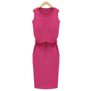 Casual Sleeveless O Neck Belt Midi Sheath Dress