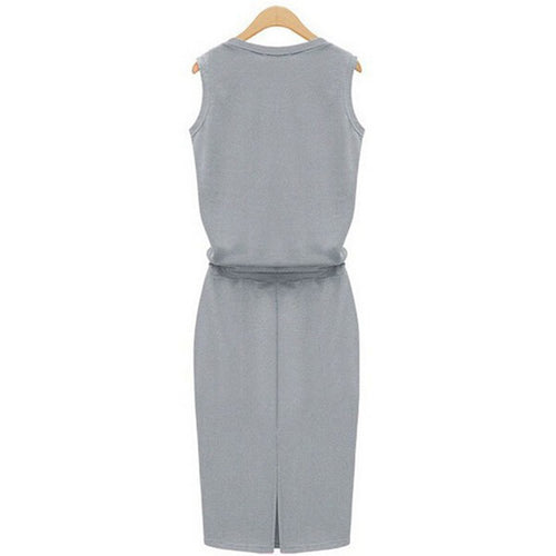 Casual Sleeveless O Neck Belt Midi Sheath Dress