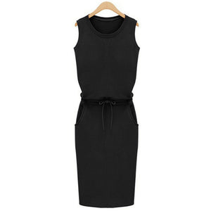 Casual Sleeveless O Neck Belt Midi Sheath Dress