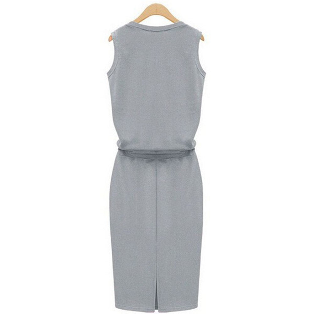 Casual Sleeveless O Neck Belt Midi Sheath Dress