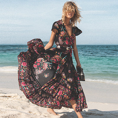 Floral Print Short Sleeve V Neck Vintage Long Maxi Dress