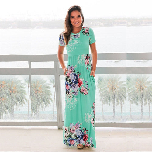 Flower Print Short Sleeve Maxi With A Casual O Neck