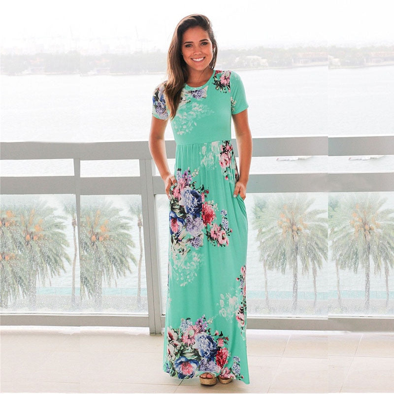 Flower Print Short Sleeve Maxi With A Casual O Neck