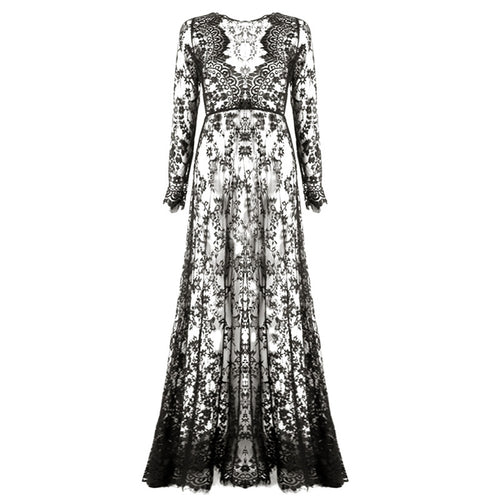 Fashion Summer Women's Lace Floral Boho Long Maxi Dress Hollow Out Long Sleeve V Neck Dresses Plus Size S-4XL New