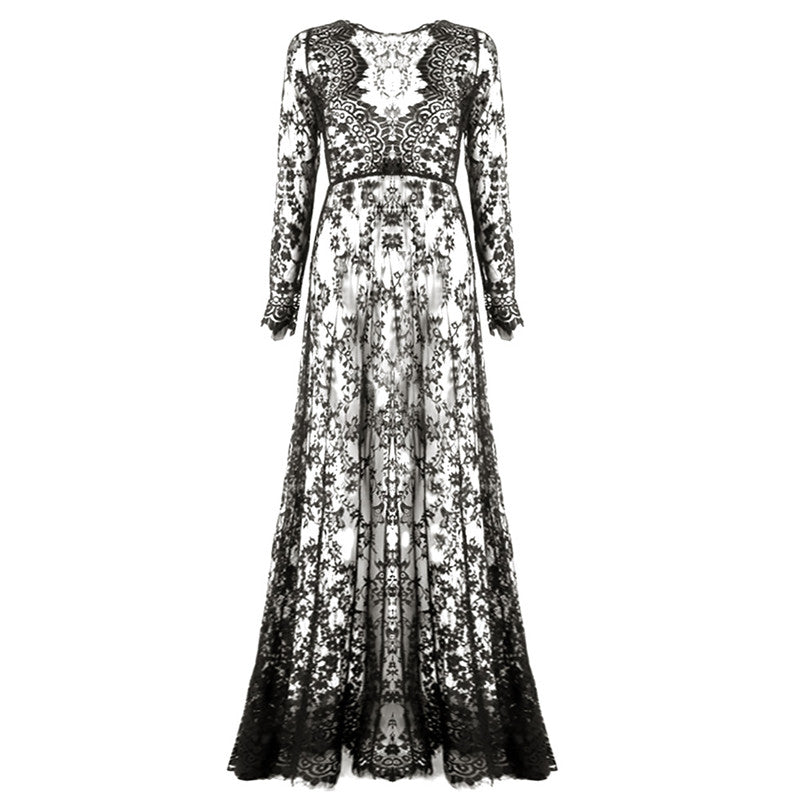 Fashion Summer Women's Lace Floral Boho Long Maxi Dress Hollow Out Long Sleeve V Neck Dresses Plus Size S-4XL New
