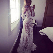 Fashion Summer Women's Lace Floral Boho Long Maxi Dress Hollow Out Long Sleeve V Neck Dresses Plus Size S-4XL New