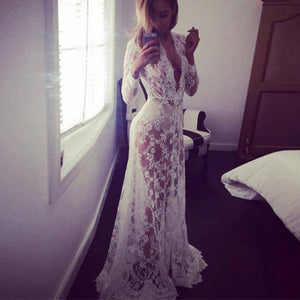 Fashion Summer Women's Lace Floral Boho Long Maxi Dress Hollow Out Long Sleeve V Neck Dresses Plus Size S-4XL New