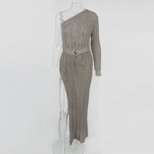 One Shoulder Long Sleeve High Split Sweater Dress