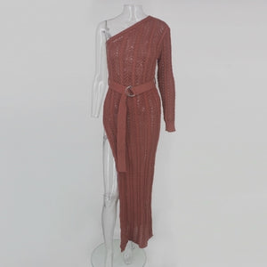 One Shoulder Long Sleeve High Split Sweater Dress