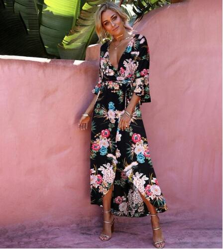 Floral Print Deep V Neck Flare Sleeve Maxi Dress