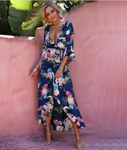 Floral Print Deep V Neck Flare Sleeve Maxi Dress