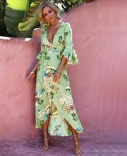 Floral Print Deep V Neck Flare Sleeve Maxi Dress