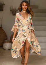 Floral Print Deep V Neck Flare Sleeve Maxi Dress