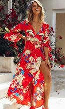 Floral Print Deep V Neck Flare Sleeve Maxi Dress