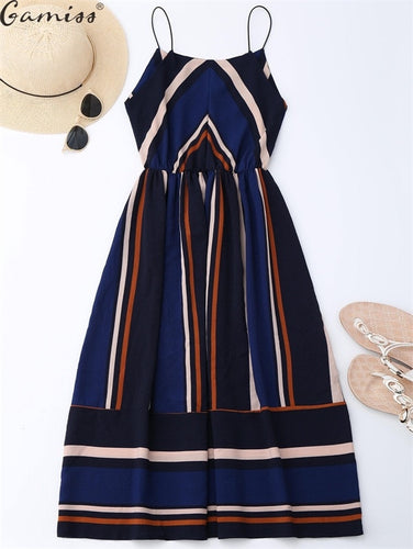 Multi Striped High Waist Spaghetti Strap Midi Dress