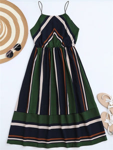Multi Striped High Waist Spaghetti Strap Midi Dress