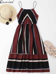 Multi Striped High Waist Spaghetti Strap Midi Dress