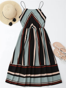 Multi Striped High Waist Spaghetti Strap Midi Dress