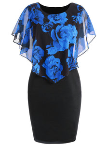 Rose Print Cape Overlay Mini Pencil Dress