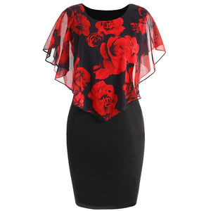 Rose Print Cape Overlay Mini Pencil Dress