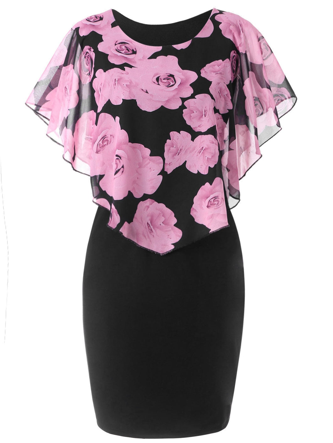 Rose Print Cape Overlay Mini Pencil Dress