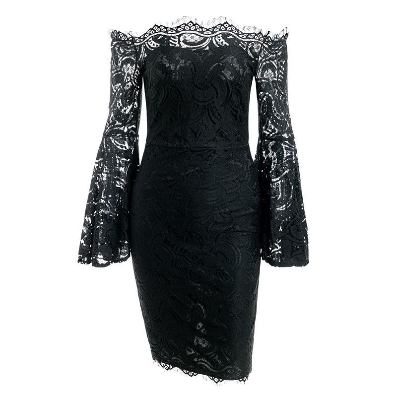 Off Shoulder Flare Sleeve Lace Bodycon Dress