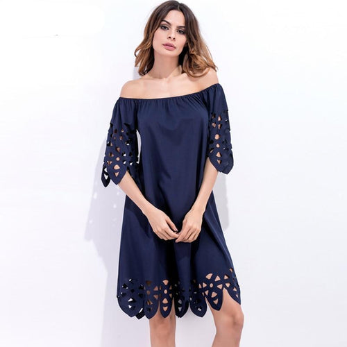 Slash Neck Off Shoulder Hollow Out Lace Dress
