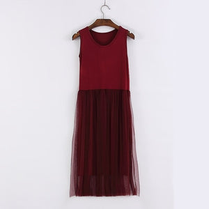Gauze Lace O-neck Sleeveless Tank Dresses