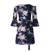 Women Summer 2018 Beach Floral Boho Dress Loose Printing Sexy Off the Shoulder Flare Sleeve Empire Flash Neck Mini Dress