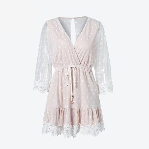 Deep V Neck Backless Lace Dot Mini Dresses