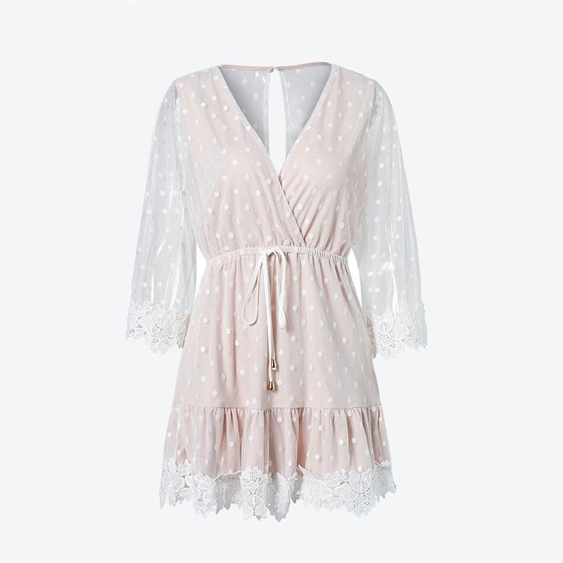 Deep V Neck Backless Lace Dot Mini Dresses