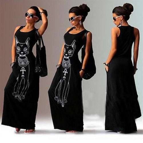 Cat Print Sleeveless U Neck Long Dress
