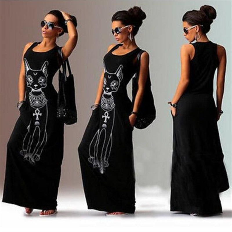 Cat Print Sleeveless U Neck Long Dress
