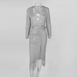 Deep V Neck Long Sleeve Strech Knit Dress
