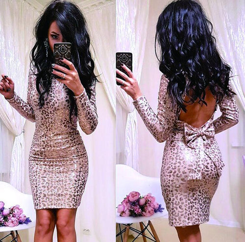 New 2018 Fashion Summer women dresses sexy club long sleeve o-neck dress slim Bowknot Gold blue black mini dress