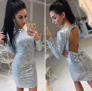 New 2018 Fashion Summer women dresses sexy club long sleeve o-neck dress slim Bowknot Gold blue black mini dress
