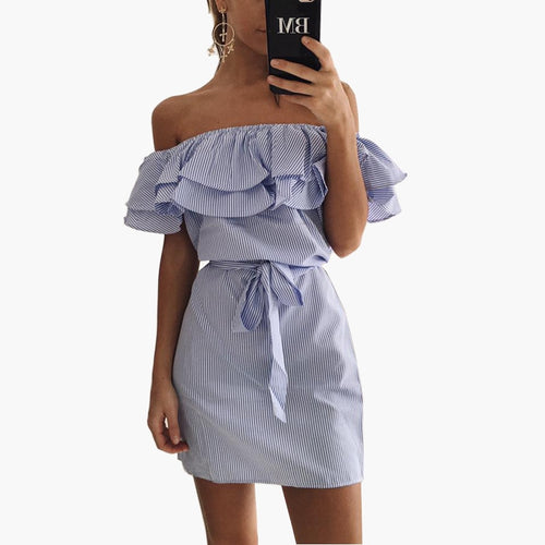 Off Shoulder Striped Ruffles Mini Dress