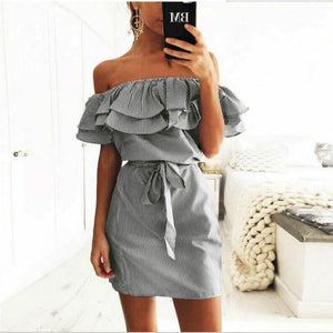 Off Shoulder Striped Ruffles Mini Dress