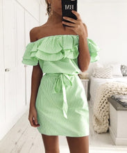 Off Shoulder Striped Ruffles Mini Dress