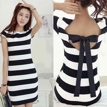 Backless Short Sleeve Striped Mini Dress With Back Belt