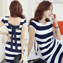 Backless Short Sleeve Striped Mini Dress With Back Belt