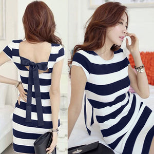 Backless Short Sleeve Striped Mini Dress With Back Belt