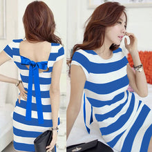 Backless Short Sleeve Striped Mini Dress With Back Belt