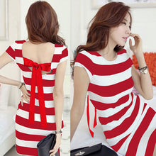 Backless Short Sleeve Striped Mini Dress With Back Belt