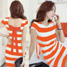 Backless Short Sleeve Striped Mini Dress With Back Belt