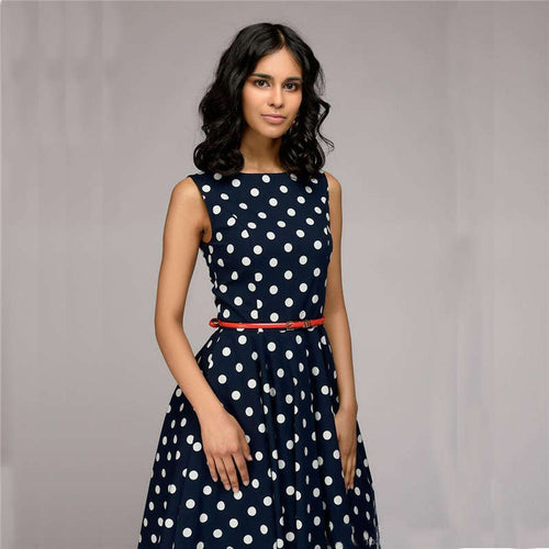 Elegant Spotted Sleeveless Vintage Midi Dress