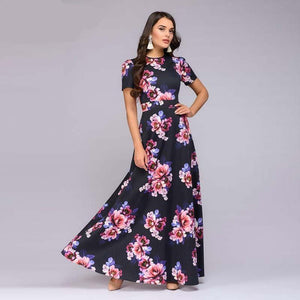 Floral Print Short Sleeve Slim Long Dress