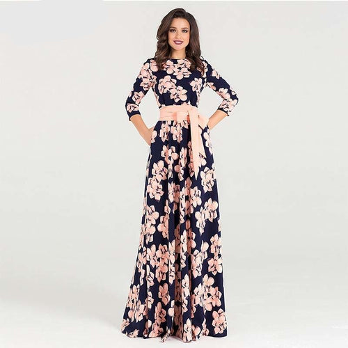 Floral Print O Neck Half Sleeve Long Dress With Belt