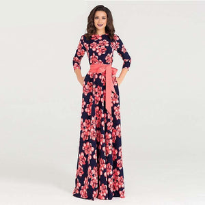 Floral Print O Neck Half Sleeve Long Dress With Belt