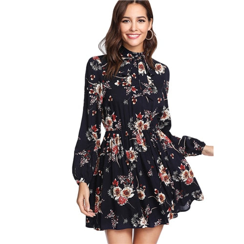 Floral Long Sleeve High Waist Mini Dress With Tie Neck
